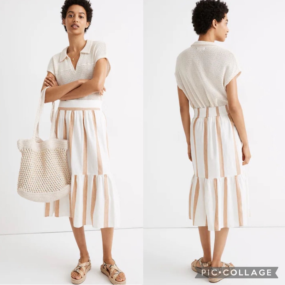 Madewell Linen Cotton Blend Ruffle Hem Bold Stripe Striped Midi Skirt